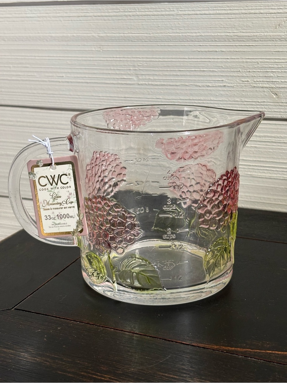 CWC Glass Measuring Cup 33oz ~ 4 Cups Pink HYDRANGEA Design NEW Microwaveable